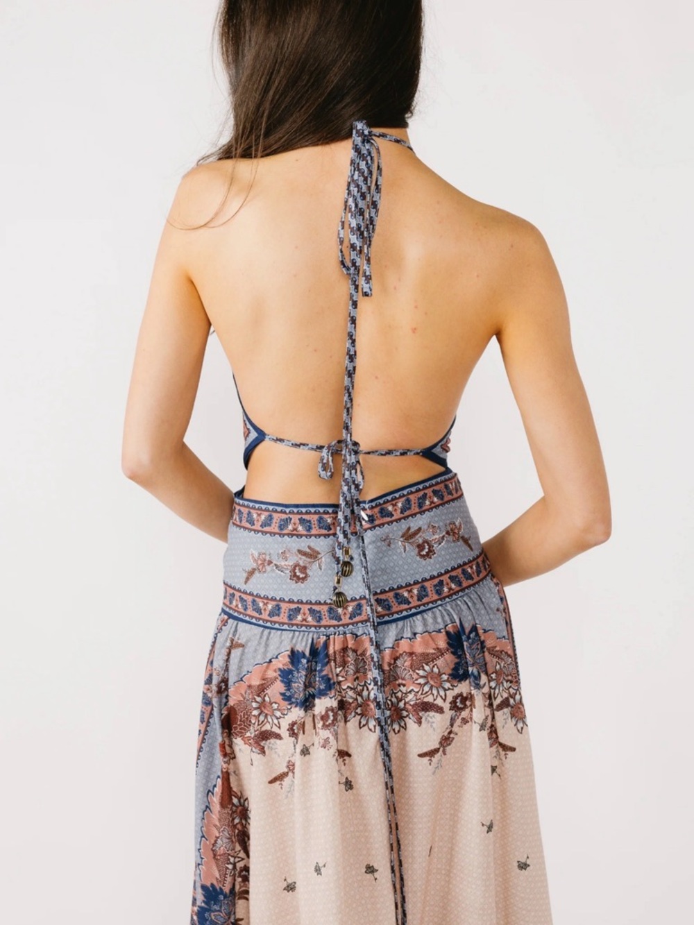 Zimmerman Dupe - Vestique Blue and Cream Halter Asymmetrical Maxi Dress - Picture 4 of 4